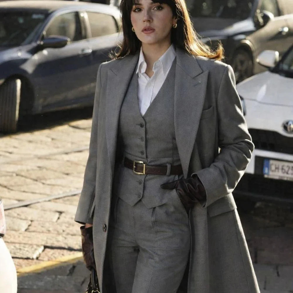 Formal Women Grey Woolen 3‑Piece Suit Luxurious Long Jacket Vest Trousers Set Office Business Power Lady Pantsuit Elegant Outfit