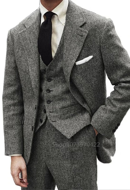 Men's Gray Wool Tweed Slim Fit 3 Piece Suit Winter Formal Herringbone Business Tuxedo Groom Male Clothes Jacket Vest Pants Set