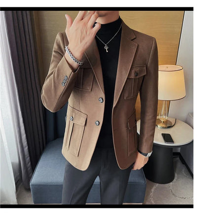 Winter Woolen Suit Jacket for Men Multiple Pockets Slim Fit Casual Business Blazers Masculino Wedding Streetwear Social Coats