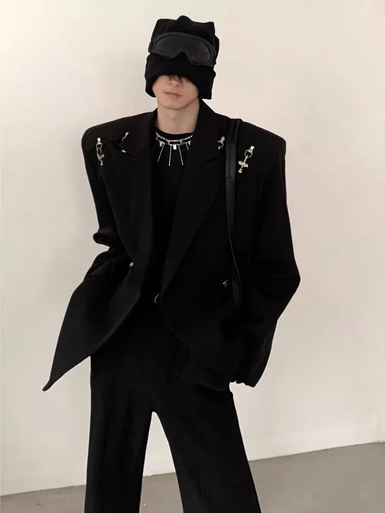 Men's Premium Korean Style Single-Breasted Casual Blazer Set Autumn Trendy Split-Design Loose Fit Elegant Jacket Outerwear