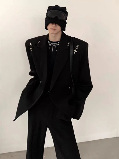 Men's Premium Korean Style Single-Breasted Casual Blazer Set Autumn Trendy Split-Design Loose Fit Elegant Jacket Outerwear