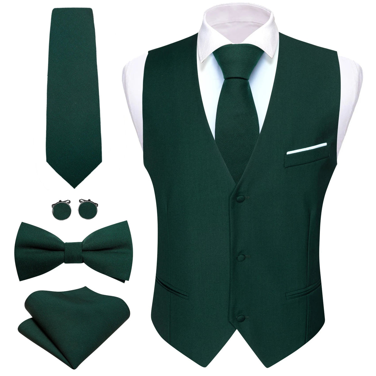 Men's Suit Vest 5-Piece Set – Solid Color V-Neck Waistcoat with Tie, Bow Tie, Pocket Square & Cufflinks for Wedding & Business