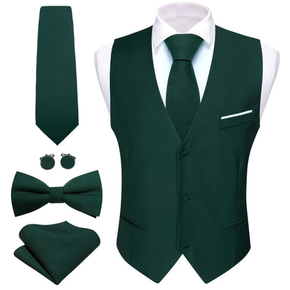 Men's Suit Vest 5-Piece Set – Solid Color V-Neck Waistcoat with Tie, Bow Tie, Pocket Square & Cufflinks for Wedding & Business