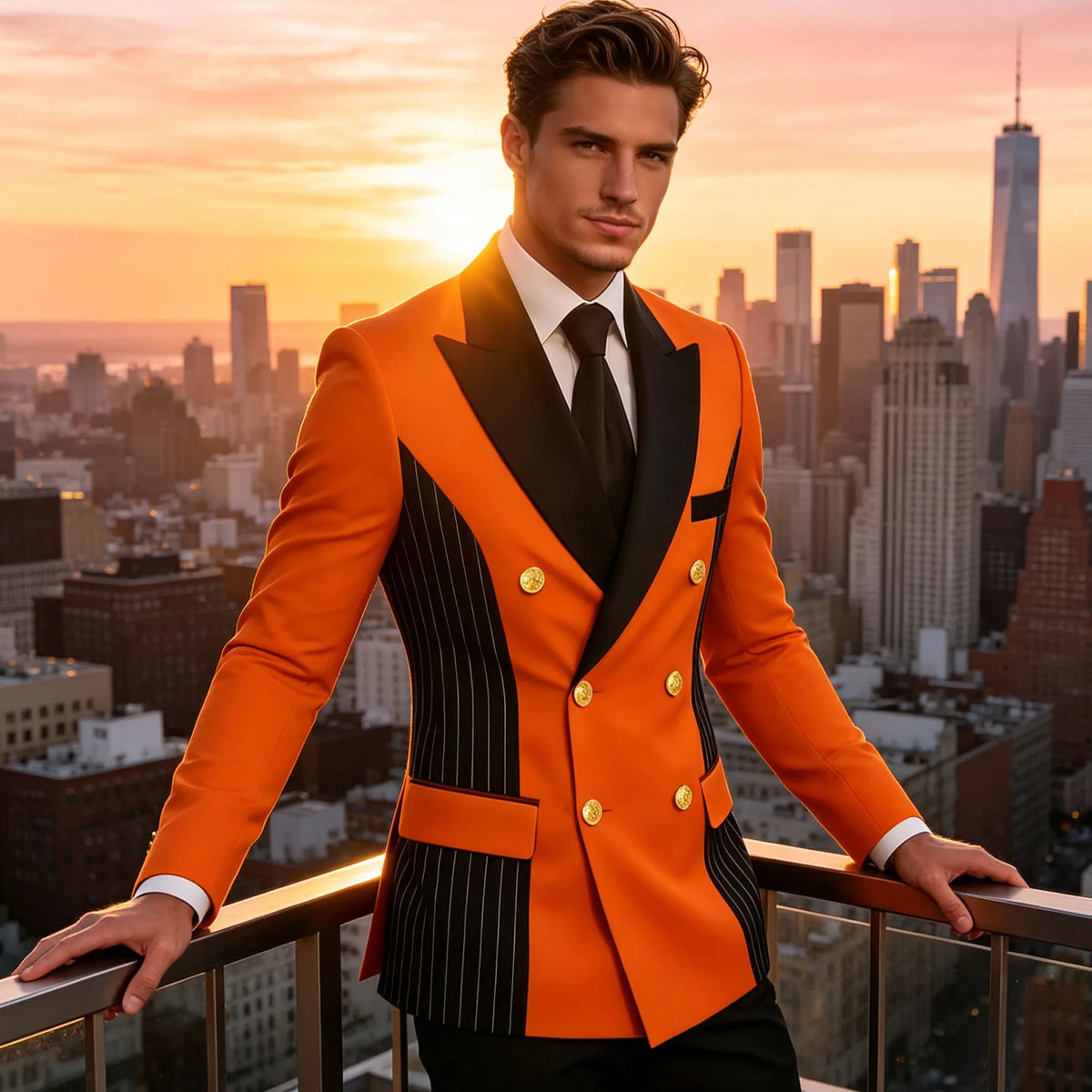 Men's Double Breasted Blazer Striped Patchwork Peak Lapel Slim Fit Formal Wedding Suit Jacket