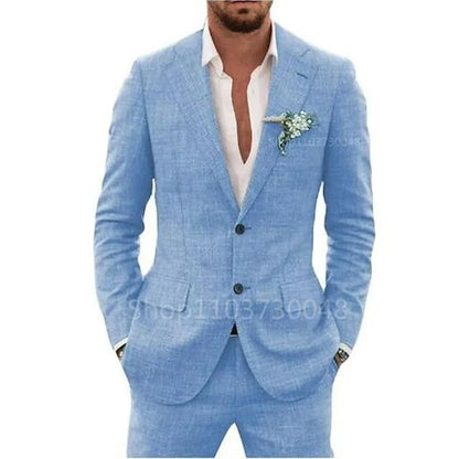 Costume décontracté 2 pièces beige/bleu en lin pour homme, revers cranté, coupe ajustée, blazer et pantalon, de haute qualité, pour mariage de plage ou bal de promo d'été