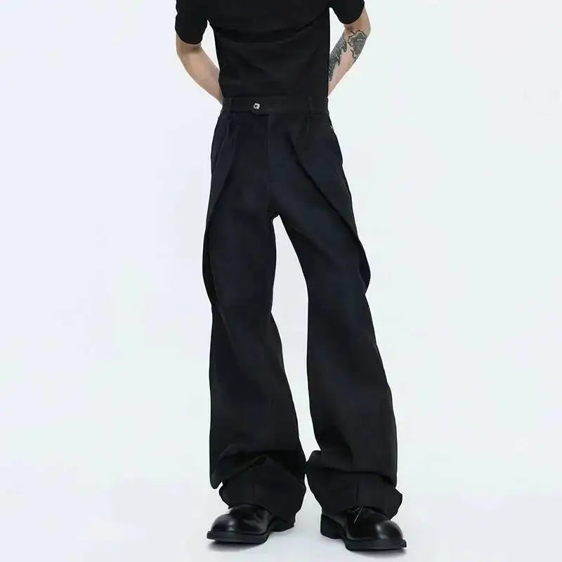 2026 Spring Patchwork Design Cross Collar Solid Color Casual Jacket Men Fashion Elegant Temperament Straight Pants JY6553