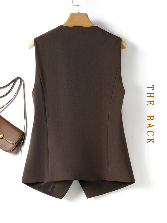 Brown Single-Breasted Slim-Fitting Vest for Women in Spring and Autumn Suit Vest Outer Top