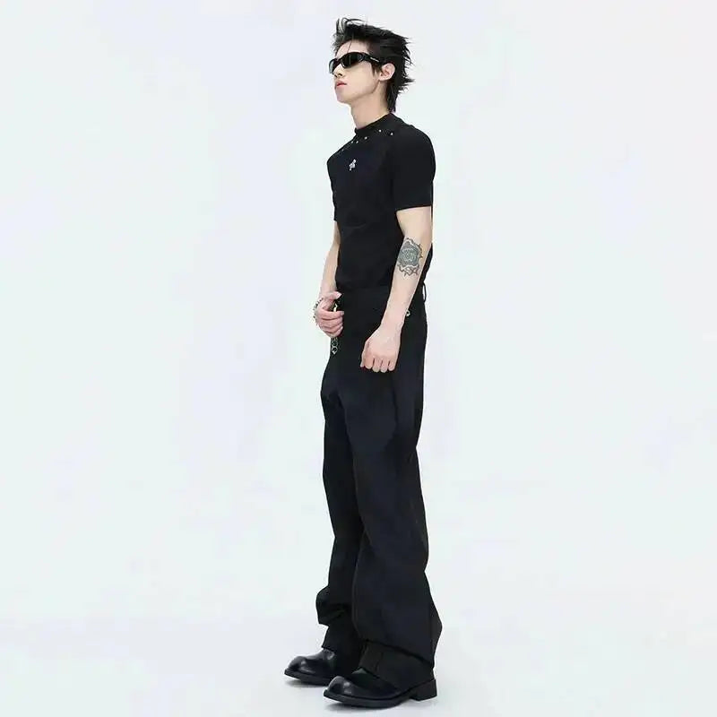 2026 Spring Patchwork Design Cross Collar Solid Color Casual Jacket Men Fashion Elegant Temperament Straight Pants JY6553