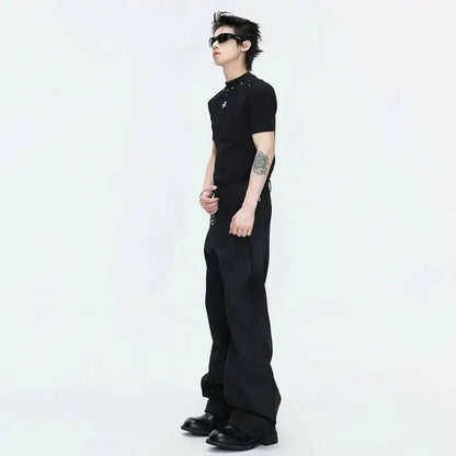 2026 Spring Patchwork Design Cross Collar Solid Color Casual Jacket Men Fashion Elegant Temperament Straight Pants JY6553
