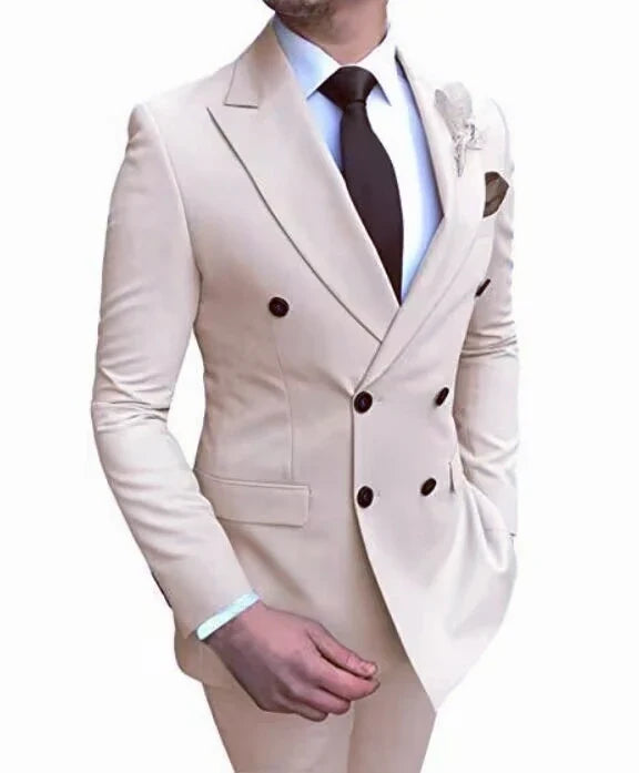 Formal Men's Suits 2 Pieces Jacket Pants Handsome Peak LapelDouble Breasted Suit Set For Men Groom Tuxedo Party Prom Hot Sale