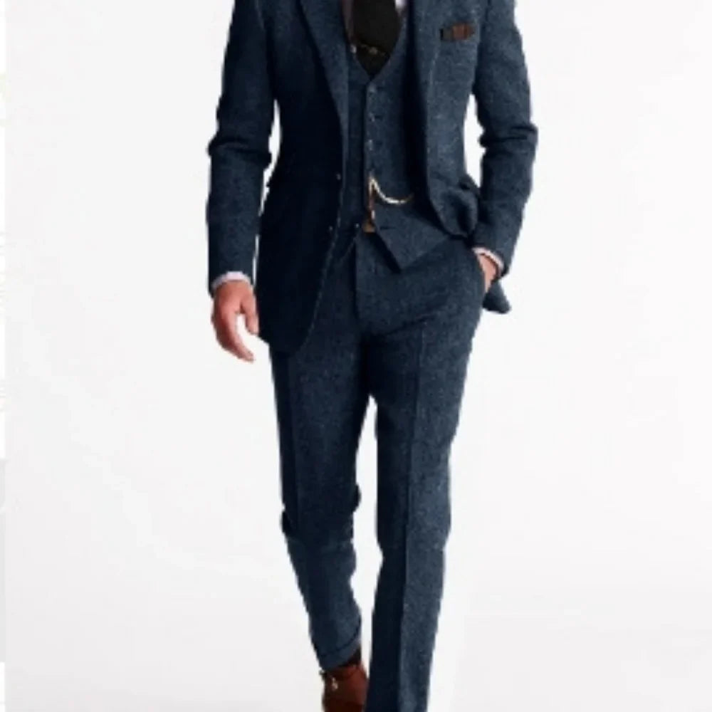 3 Piece Grey/Brown Mens Tweed Herringbone Slim Fit Wedding Suits Prom Tuxedos Notch Lapel Blazer for Business(Blazer+Vest+Pants)