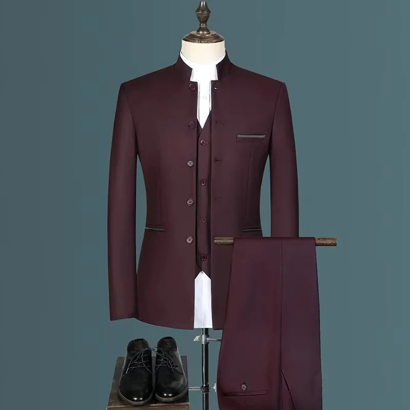 Ensemble de costume classique pour homme, smoking d'affaires chinois, revers montagne, 3 pièces, de haute qualité, pour mariage ou soirée, blazer + pantalon
