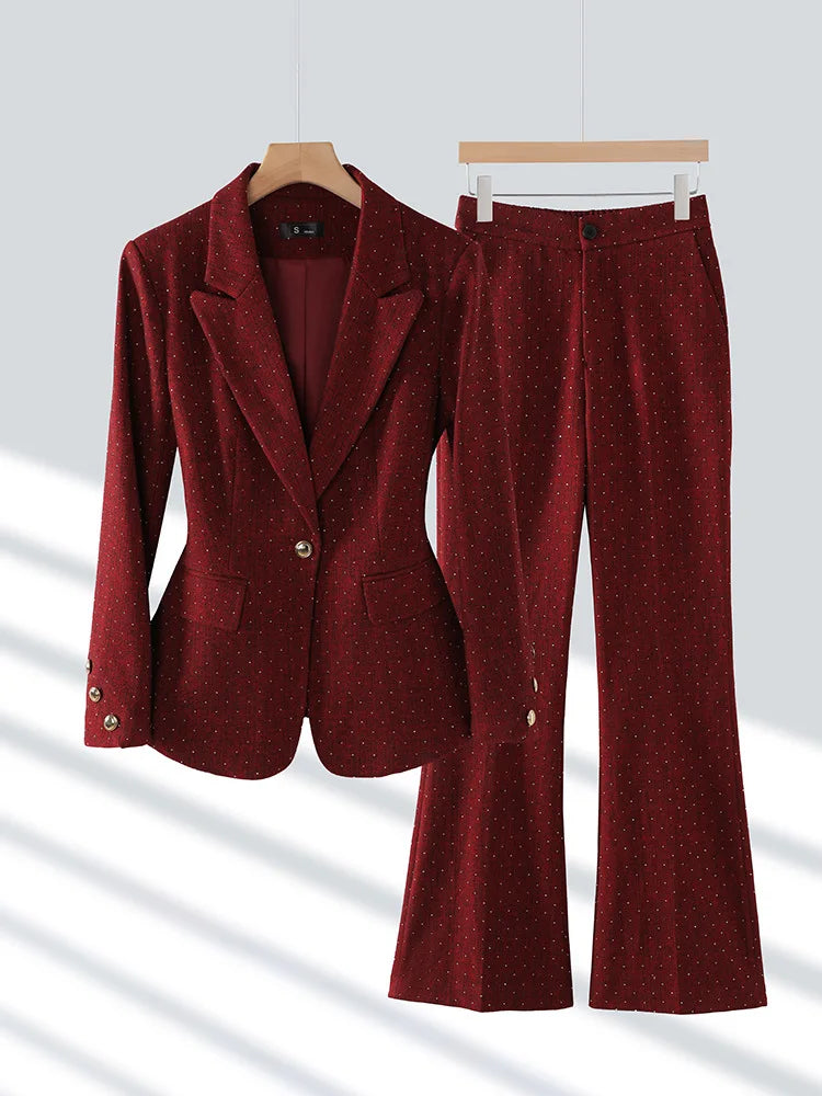 Fashion Women Suits 2024 New Autumn Winter Temprament Business Formal Slim Blazer And Flare Pants Office Ladies Work Wear