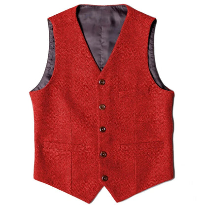 Men's Herringbone Vest Single Button V-Neck Waistcoat for Wedding & Business