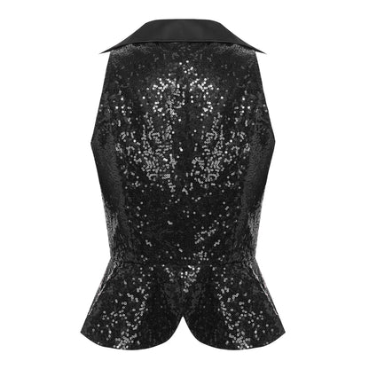 Women Shiny Sequin Vest Lapel Sleeveless Glitter Suits Waistcoat Top Rave Music Festival Jazz Dance Party Banquet Night Clubwear