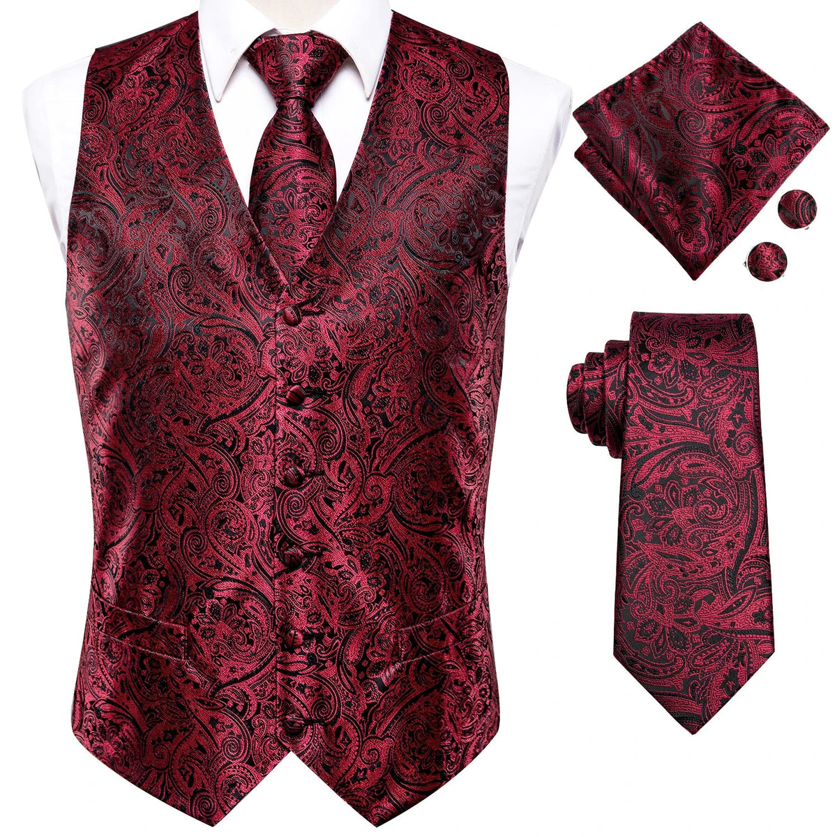 Men's Waistcoat Suit Set with Jacquard Floral Vest, Tie, Hanky & Cufflinks for Wedding and Business