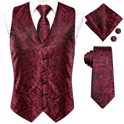 Men's Waistcoat Suit Set with Jacquard Floral Vest, Tie, Hanky & Cufflinks for Wedding and Business