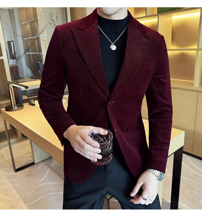 Autumn Winter New Corduroy Striped Suit Jacket Men High Quality Slim Fit Business Social Formal Suit Coats Tailcoat Men Clothing