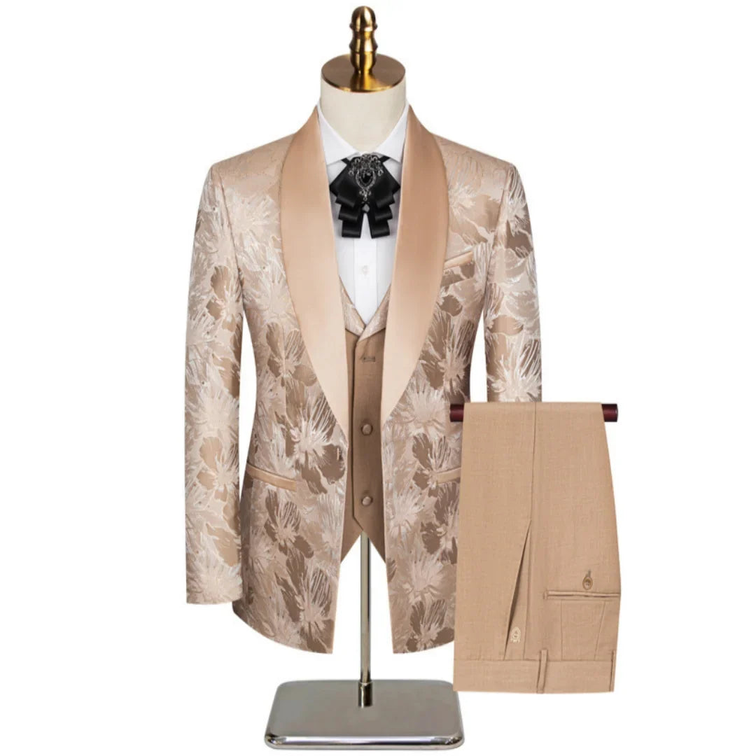 Men Suit 3 Pieces Khaki Floral Pattern Single Button With Lapel For Wedding Banquet Birthday Business Work Jacket Vest Pants