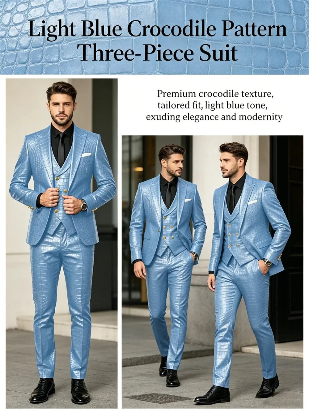 Men's 3 Piece Suit Crocodile Pattern Prime PU Leather Single Breasted Gold Buttons Slim Fit Wedding Dinner Party Formal Outfit ﻿