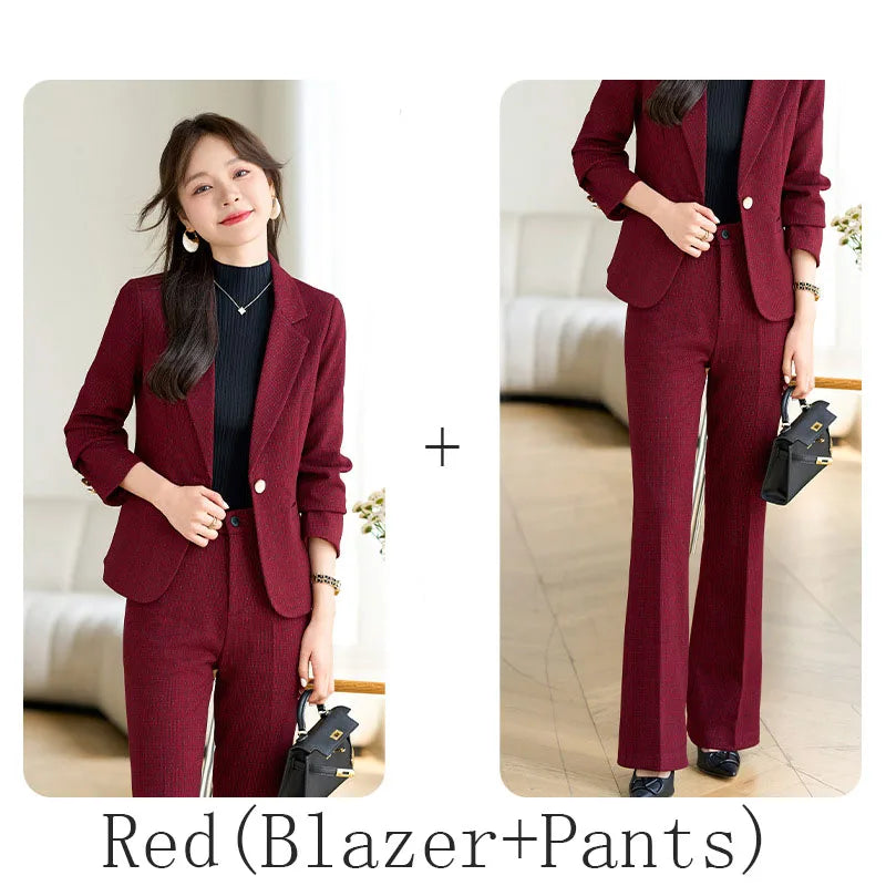 2024 Autumn Winter New Retro Plaid Woolen Blazer Coat And High Waist Flare Pant Two Piece Set Women's Suit Business Clothing