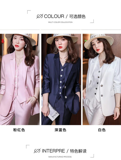 Fashion Elegant Pink High-End Small Business Suit Coat2022Autumn and Winter Elegant Vest Suit Three-Piece Korean Women's Clothin