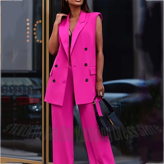 Hot Pink Women's Suit Chic Sleeveless Double Breasted Peak Lapel Outfit Elegant Casual High Street Party Daily Fashion Sets