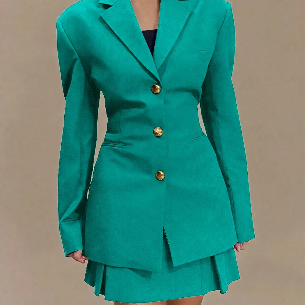 Women's Pleated Skirt Suit Set 2025 2Pieces(Tailored Blazer&High Waist Skirt) Office Chic Single-breasted Notch Lapel Outfit
