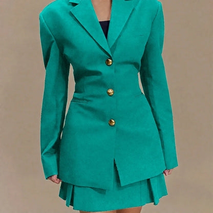 Women's Pleated Skirt Suit Set 2025 2Pieces(Tailored Blazer&High Waist Skirt) Office Chic Single-breasted Notch Lapel Outfit