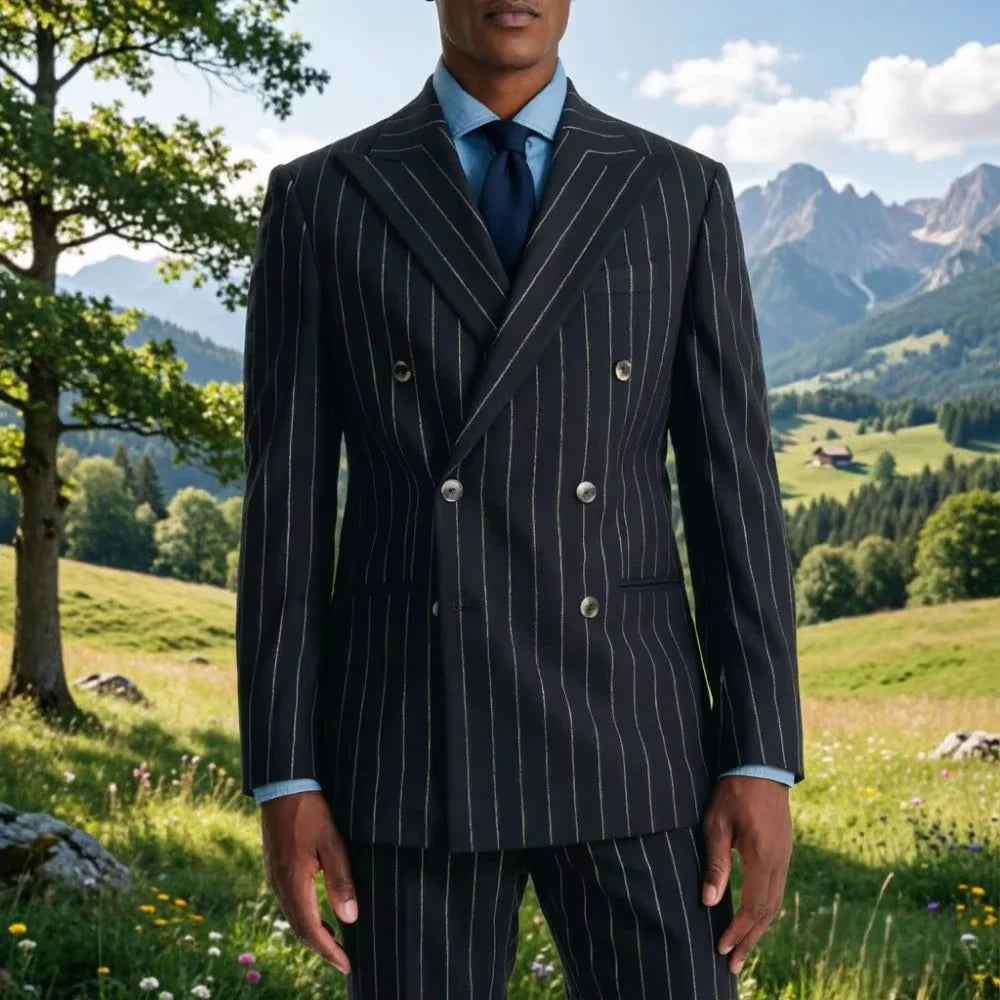 Mens Black stripe Double Breasted 2 Piece Slim Fit Wedding Tuxedo Tailored Groom Formal Blazer Pants Prom Party Office Wear