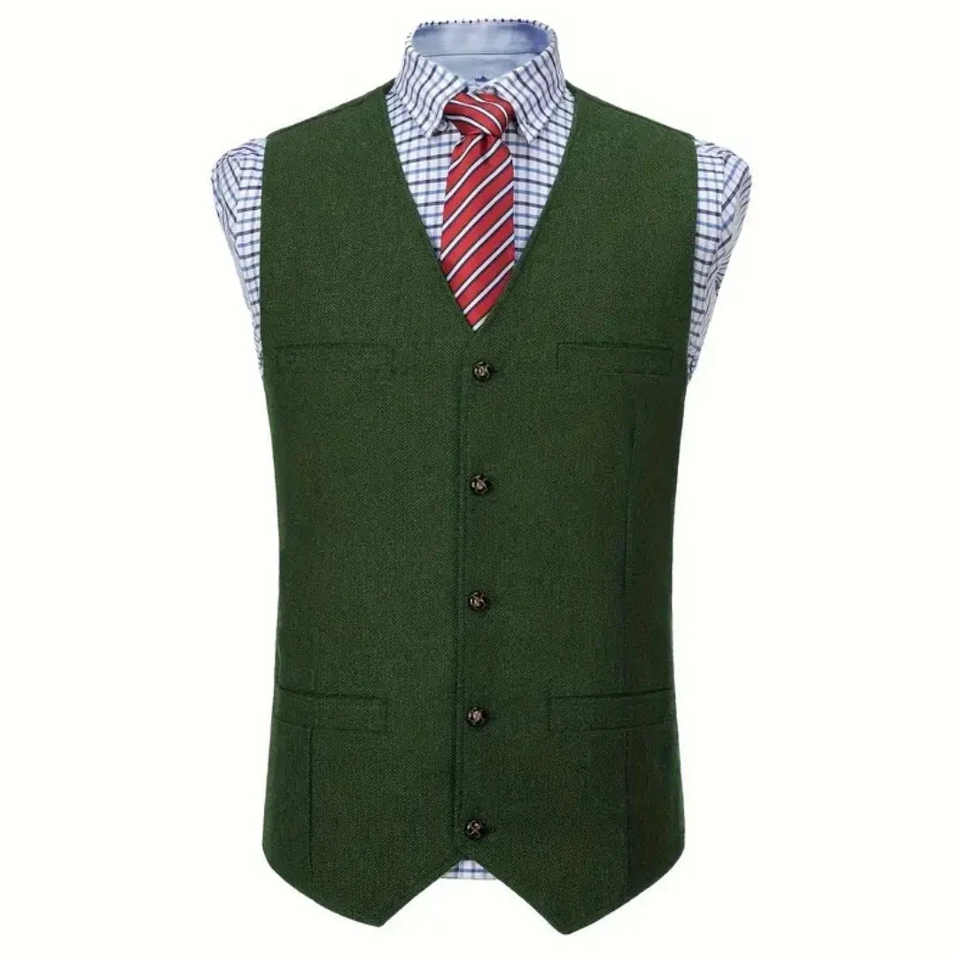 Men's Herringbone Suit Vest – V-Neck Single Button Waistcoat for Weddings, Business & Smart Casual Wear