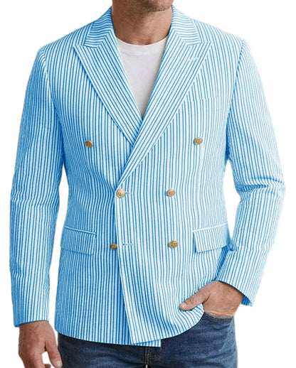 Vintage Men's Striped Double Breasted Blazer Casual Business Suit Jacket Lightweight Notched Lapel Sport Coat Wedding Party Wear