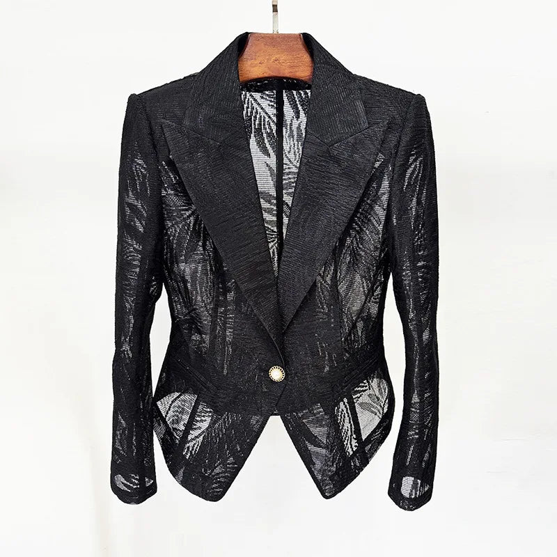 2026 Spring New Women Blazer Sheer Mesh Embroidery Waist Cinching Slim Fit Single Button Elegant Sexy Luxury Jacket HK18562