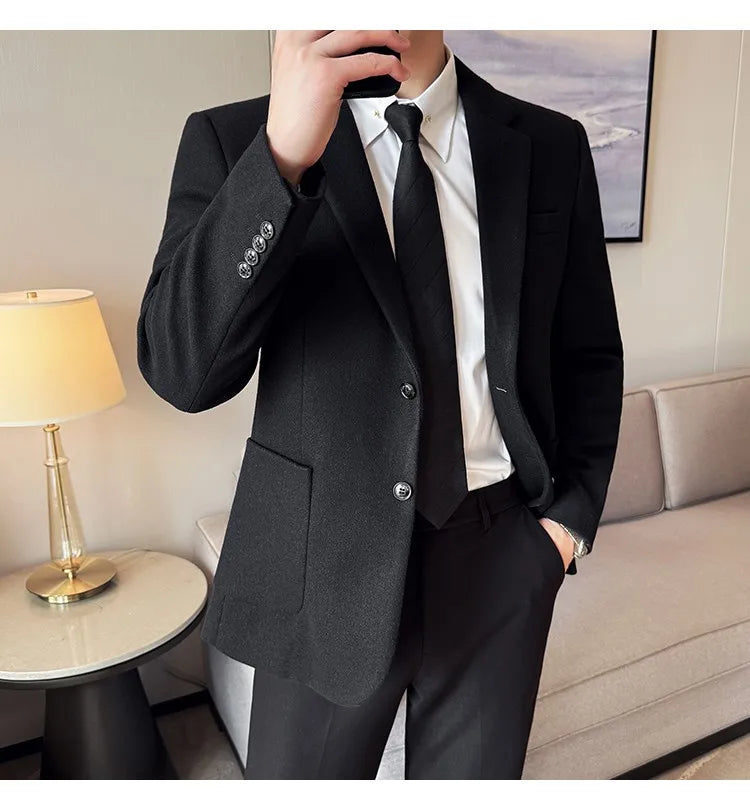 High Qualitys Thickened Wool Suit Jacket Autumn Winter New Luxury Solid Color Formal Men Business Slim Fit Social Party Tuxedo