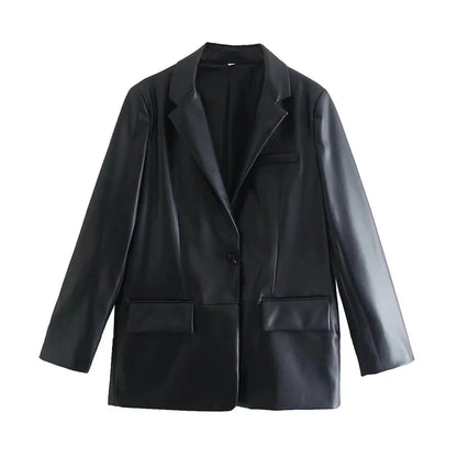 Winter 202 Women's Leather Look Suit Jaet Faionable Commute Sle Long Sve Single Button Closure Regular Length Coat