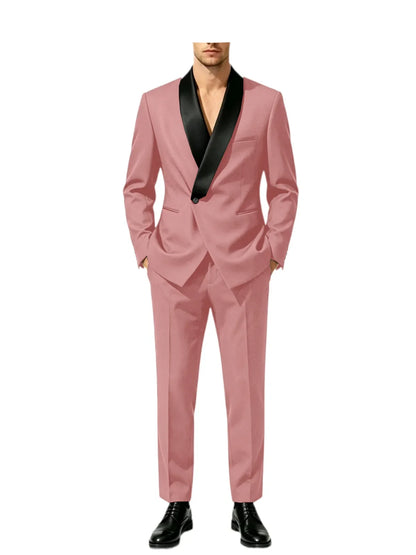 Men's Slim Fit Tuxedo Suit with Black Satin Shawl Lapel – 2-Piece Blazer & Pants for Wedding, Prom & Formal Events