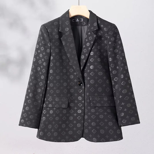 Elegant Women's Character Print Blazer Single Button Business Jacket Office Lady Coat Top for Spring Autumn S - Xl