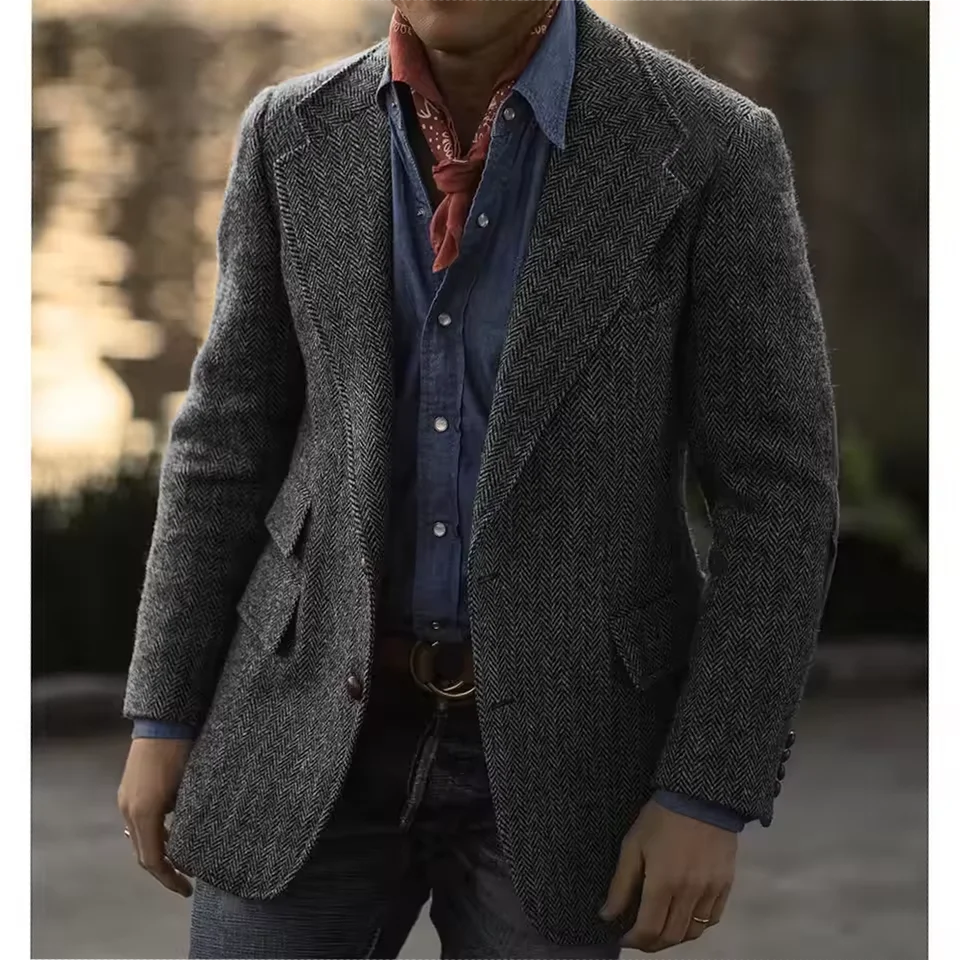 Men's Herringbone Tweed Blazer – Wool Blend, Classic British Style, Business & Wedding