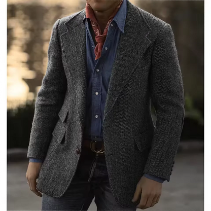 Men's Herringbone Tweed Blazer – Wool Blend, Classic British Style, Business & Wedding