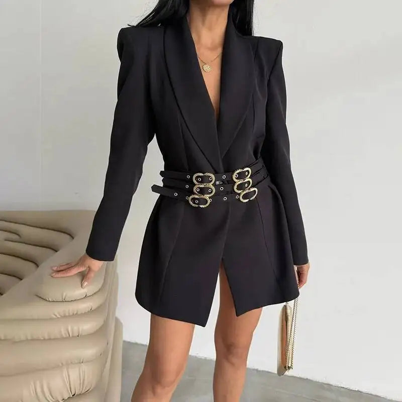 Women Blazer Solid Color Belted Waist Cinching Slim Fit Fashion Elegant Temperament Chic Ins Coat New Spring Autumn HK10754