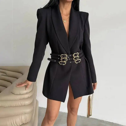 Women Blazer Solid Color Belted Waist Cinching Slim Fit Fashion Elegant Temperament Chic Ins Coat New Spring Autumn HK10754
