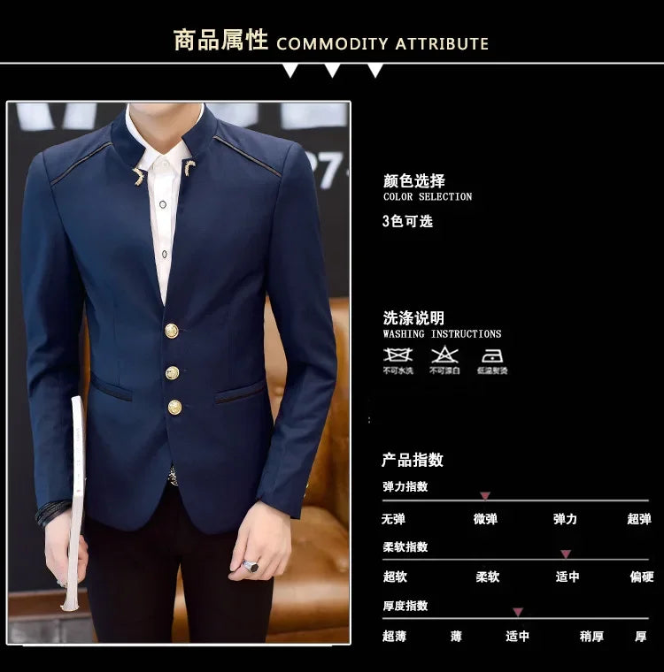 2024 Spring New Men's Stand Collar Casual Suit Jackets Youth Fashion Solid Color Stitching Three Button Mens Blazer Coats