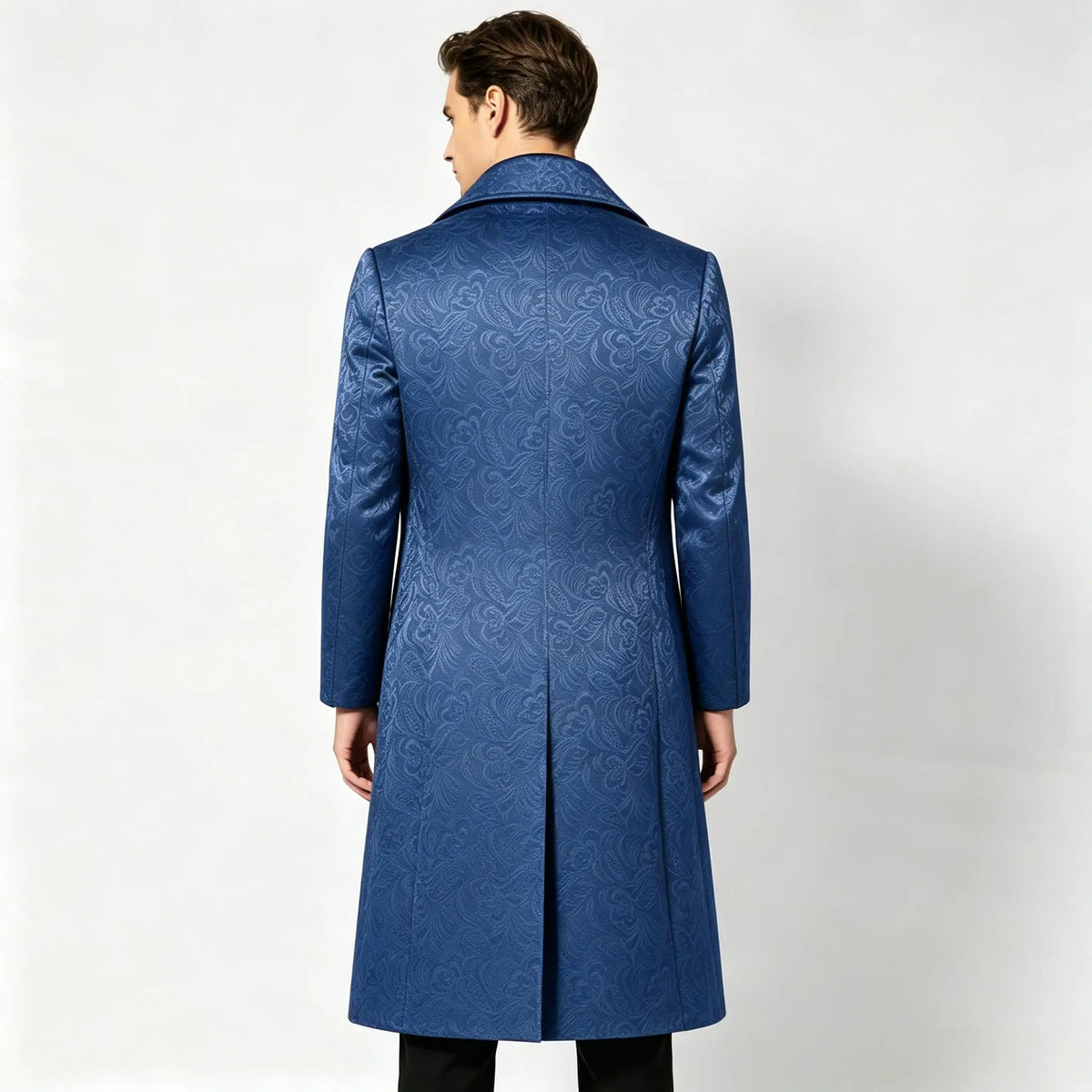 Men Luxury Jacquard Long Trench Coat Lapel Formal Overcoat Outerwear For Wedding Prom Banquet Club Evening Business Stage Party