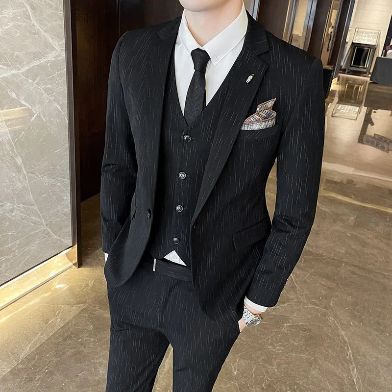 Men's 3-Piece Striped Suit – Slim Fit Blazer, Vest & Pants for Formal, Business & Wedding Occasions