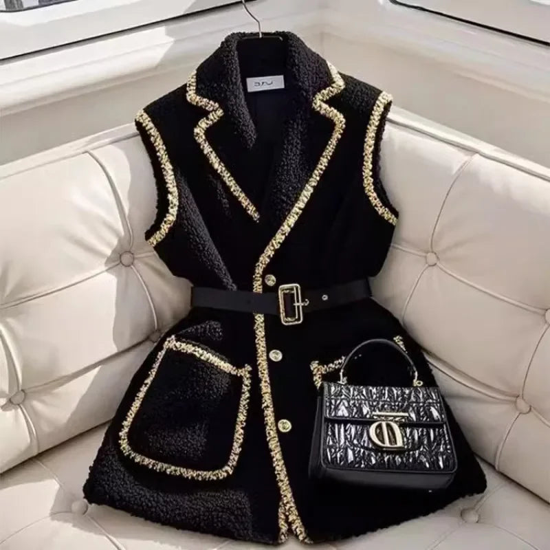 Elegant Women Black Lambhair Vest Coat Luxury Bright Silk Edging with Belt Sleeveless Blazers Vest New Spring Winter Outerwear