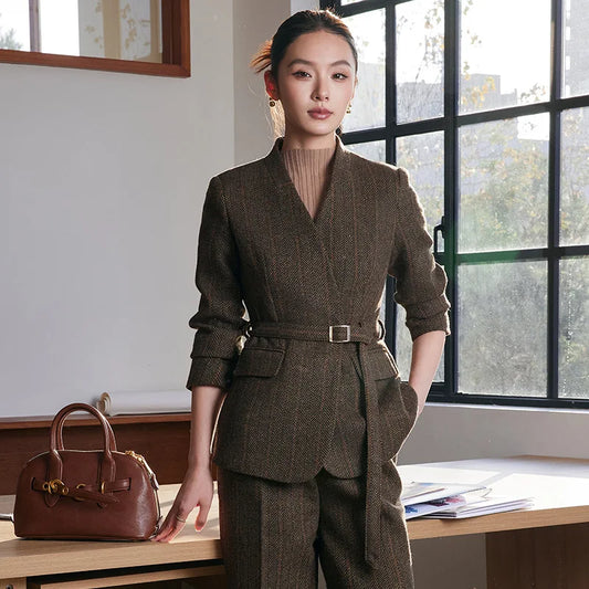 Small Fragrant Style Wool Woolen Blazer Suits Women Autumn Winter New Striped Thicken Coat And Pants Lady Office Blazers Sets