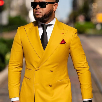 Men Suit Yellow 2 Pieces Double Breasted Solid With Lapel For Wedding Groom Banquet Party Prom Business Work Office Jacket Pants