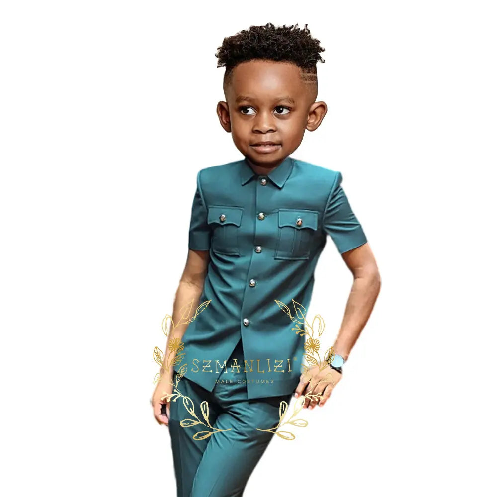 Boys Suit Black 2 Pieces Short Sleeve Party Tuxedo Formal Wedding Kids Clothes Indian Style Blazer Pants 2-16 Years Old