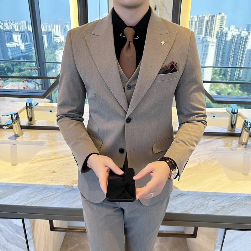 (Blazer + Vest + Trousers) 2024 New Men Formal Business Solid Suit 3 Pieces Set Italian Style Luxury Wedding Social Party Tuxedo