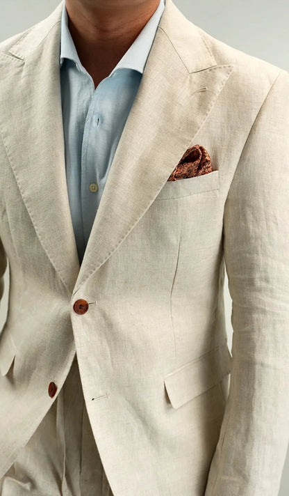 Men Retro Linen Suit Set Notched Collar Thin Business Casual Blazers Two Piece Set Lace Up Long Pant Full Length Trousers Outfit